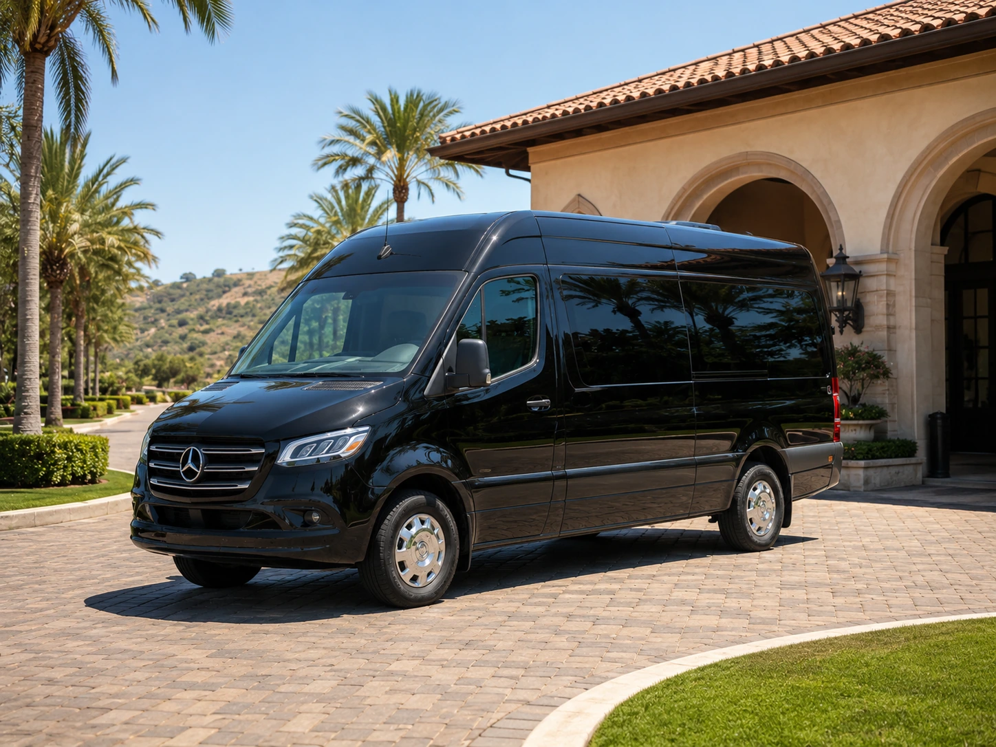 Black Mercedes Benz Sprinter Van group transportation in Yorba Linda